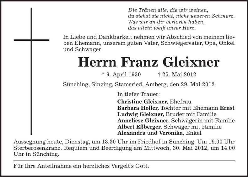 Traueranzeige Franz Gleixner