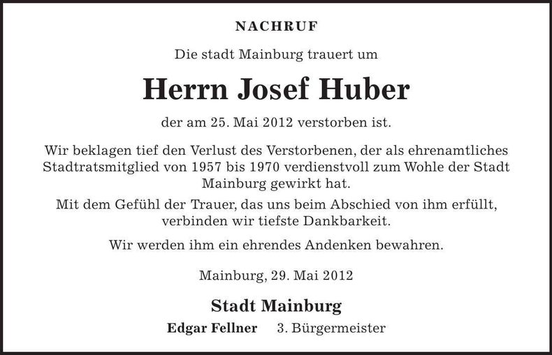 Traueranzeige Josef Huber