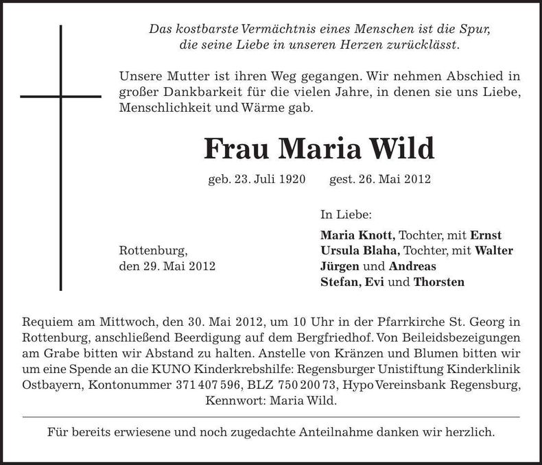 Traueranzeige Maria Wild