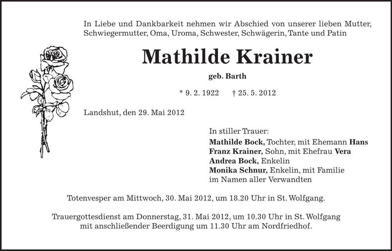Traueranzeige Mathilde Krainer