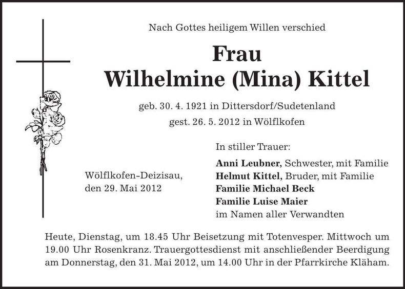 Traueranzeige Wilhelmine Kittel