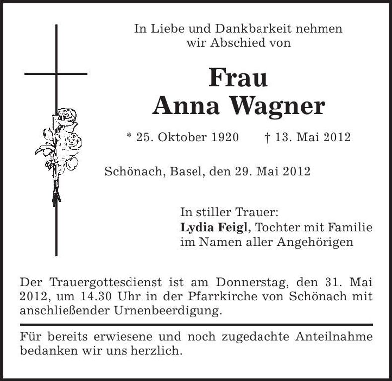 Traueranzeige Anna Wagner