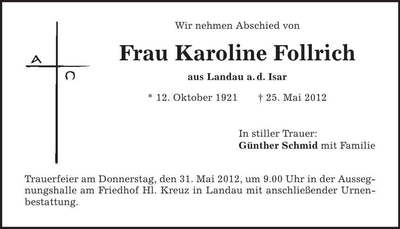 Traueranzeige Karoline Follrich