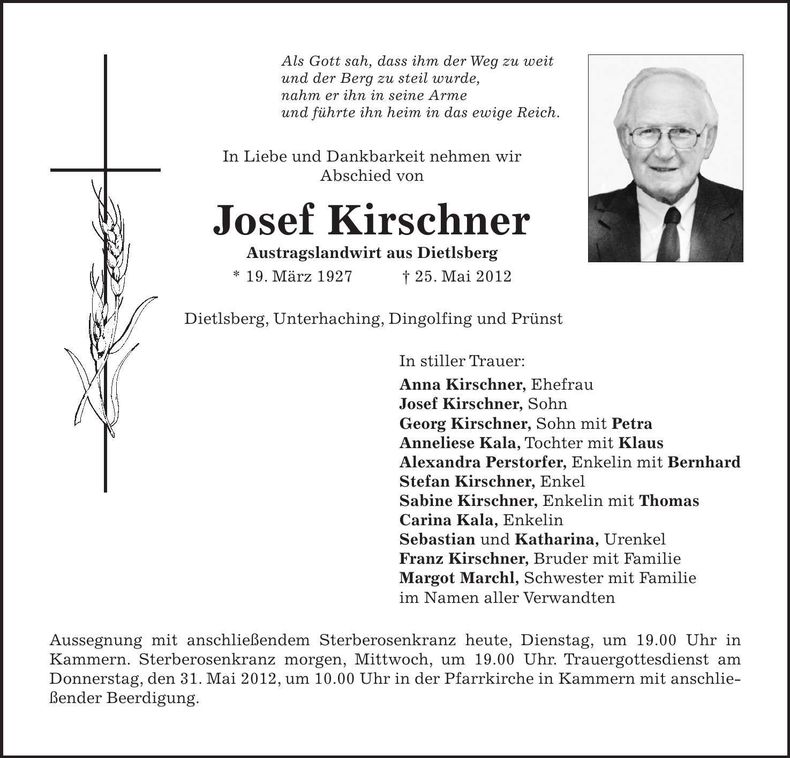 Traueranzeige Josef Kirschner