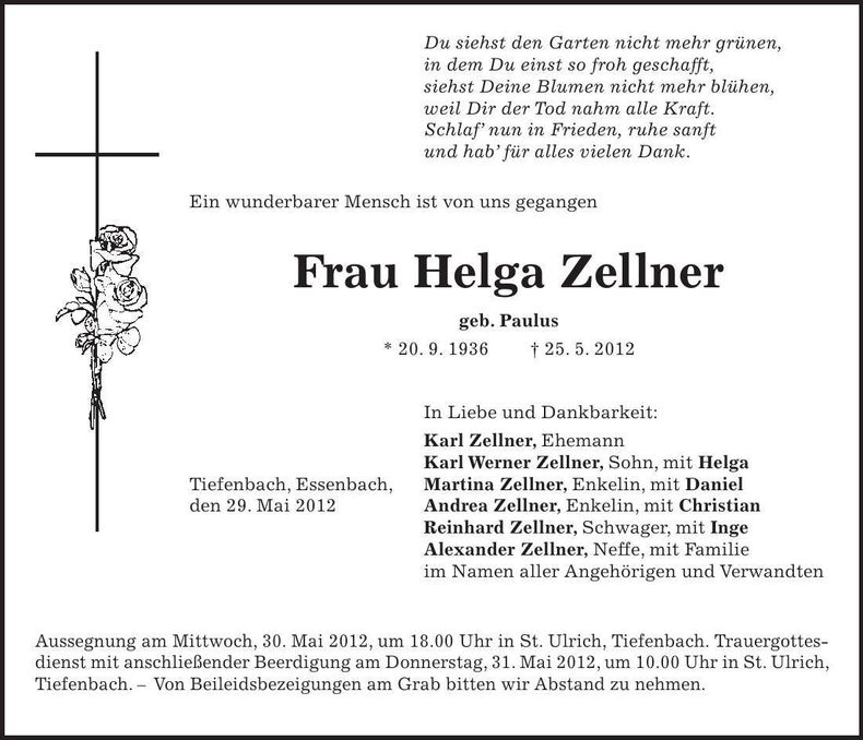 Traueranzeige Helga Zellner