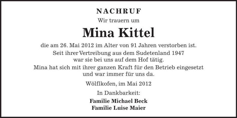Traueranzeige Mina Kittel