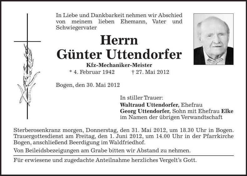 Traueranzeige Günter Uttendorfer