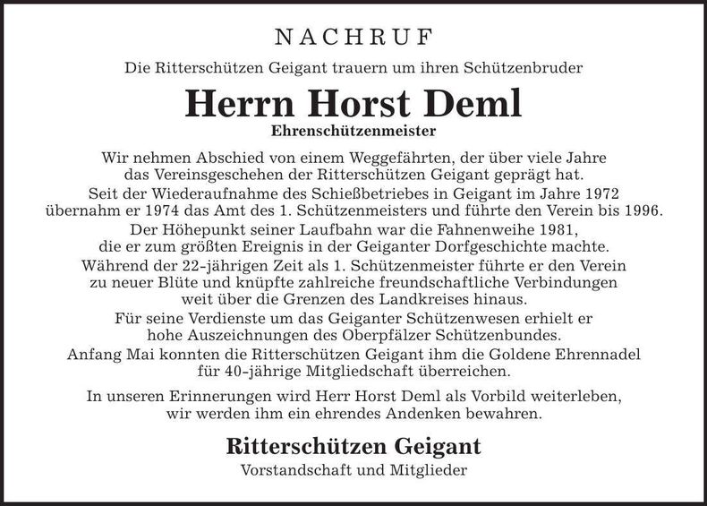 Traueranzeige Horst Deml