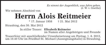 Traueranzeige Alois Reitmeier