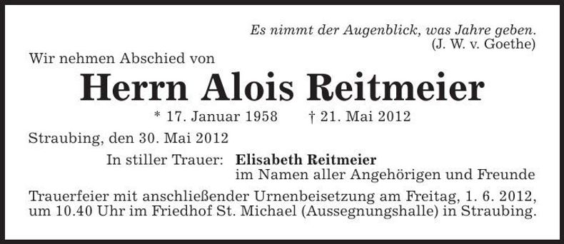 Traueranzeige Alois Reitmeier