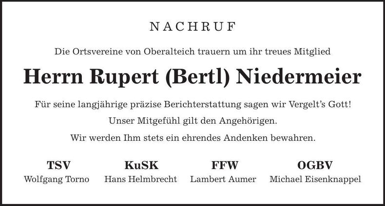 Traueranzeige Rupert Niedermeier