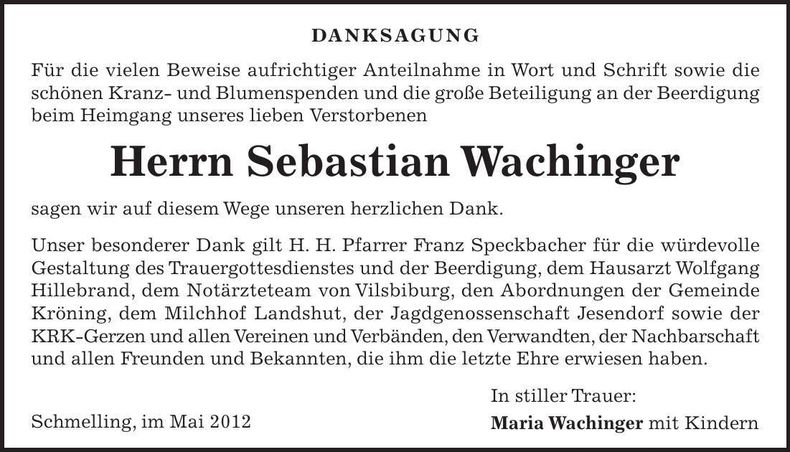Traueranzeige Sebastian Wachinger