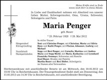 Traueranzeige Maria Penger
