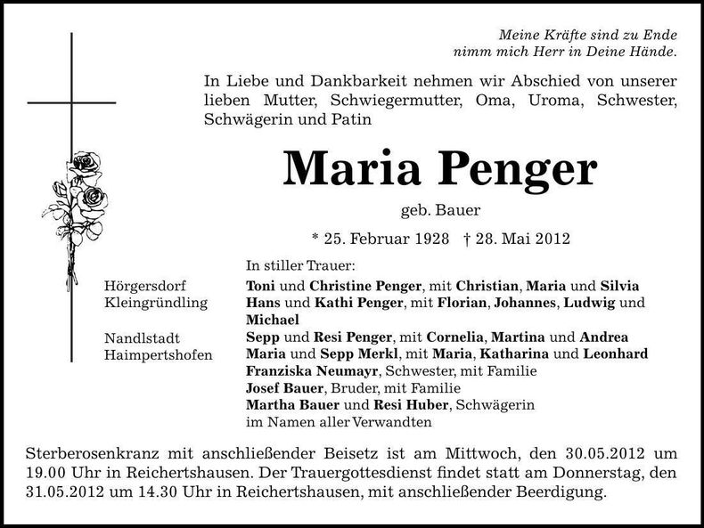 Traueranzeige Maria Penger