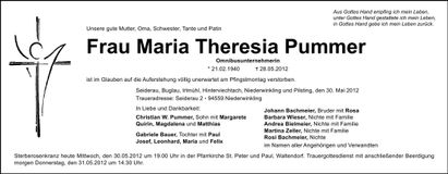 Traueranzeige Theresia Pummer