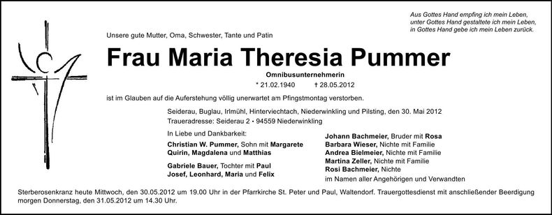Traueranzeige Theresia Pummer