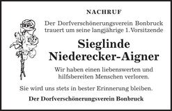 Traueranzeige Sieglinde Niederecker-Aigner