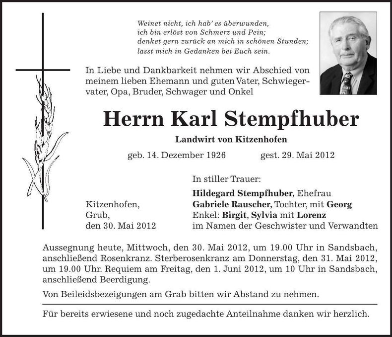 Traueranzeige Karl Stempfhuber