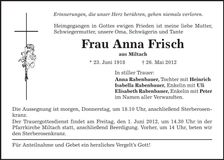 Traueranzeige Anna Frisch
