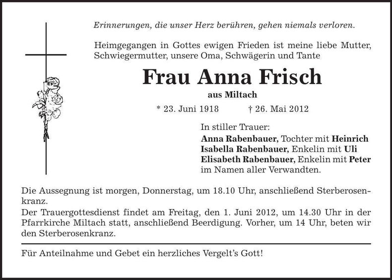 Traueranzeige Anna Frisch