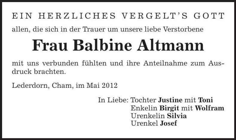 Traueranzeige Balbine Altmann