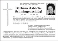 Traueranzeige Barbara Asböck-Schwingenschlögl