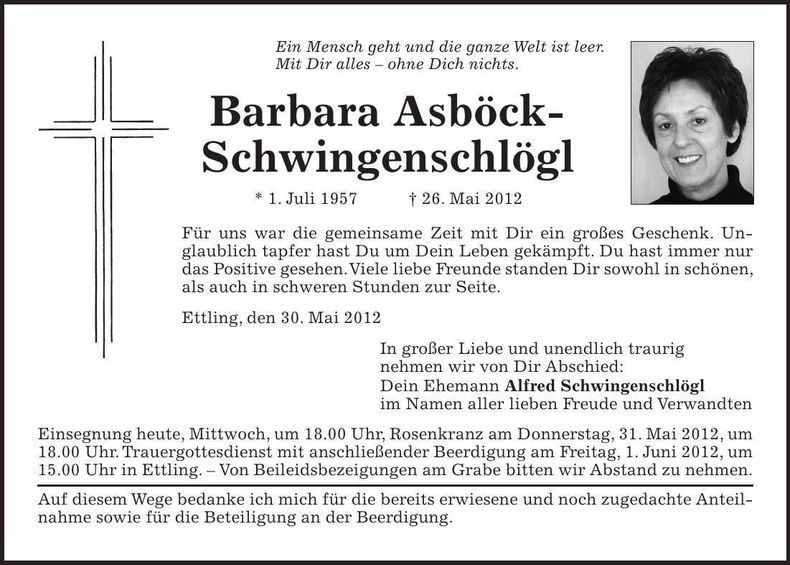 Traueranzeige Barbara Asböck-Schwingenschlögl