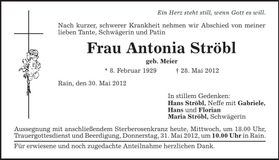 Traueranzeige Antonia Ströbl