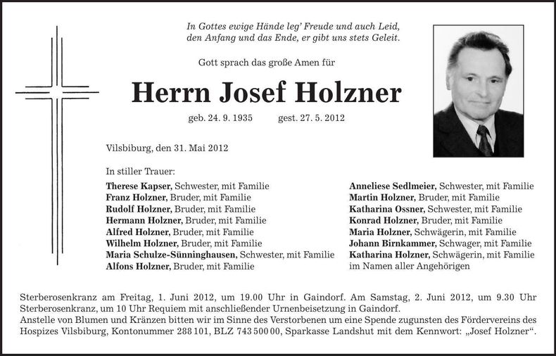 Traueranzeige Josef Holzner