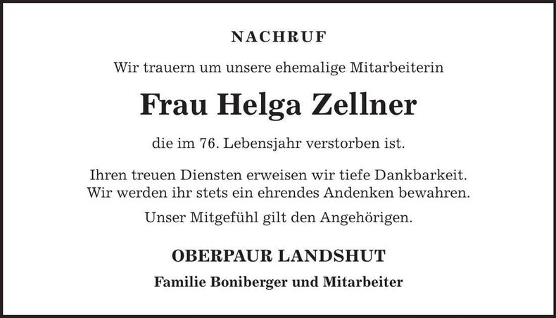 Traueranzeige Helga Zellner