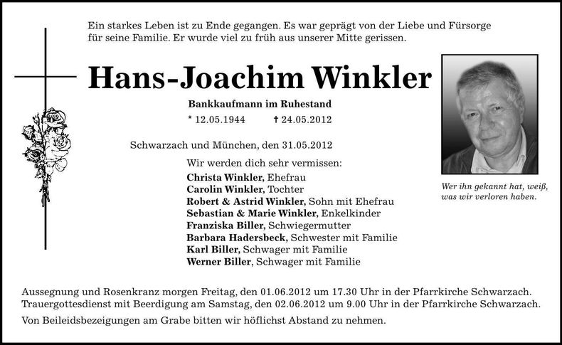 Traueranzeige Hans-Joachim Winkler