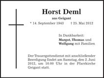 Traueranzeige Horst Deml