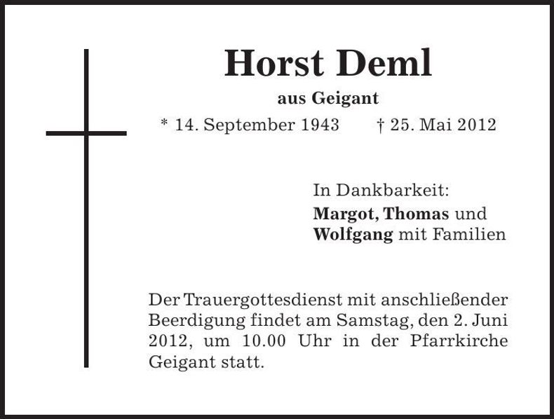Traueranzeige Horst Deml