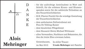 Traueranzeige Alois Mehringer