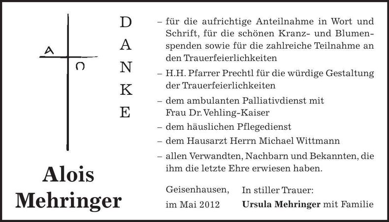 Traueranzeige Alois Mehringer