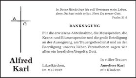 Traueranzeige Alfred Karl