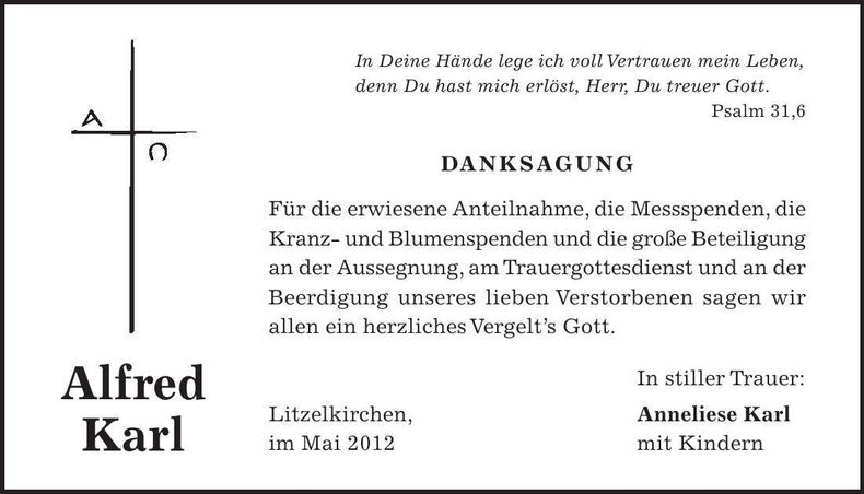 Traueranzeige Alfred Karl