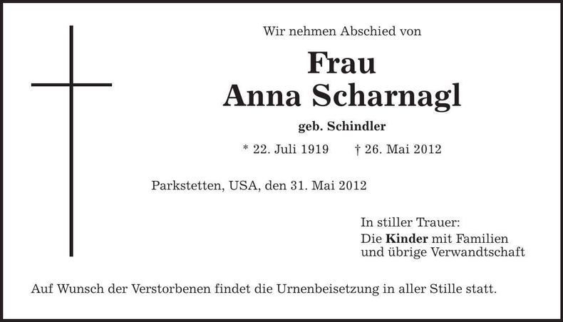 Traueranzeige Anna Scharnagl