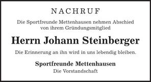 Traueranzeige Johann Steinberger