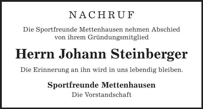 Traueranzeige Johann Steinberger