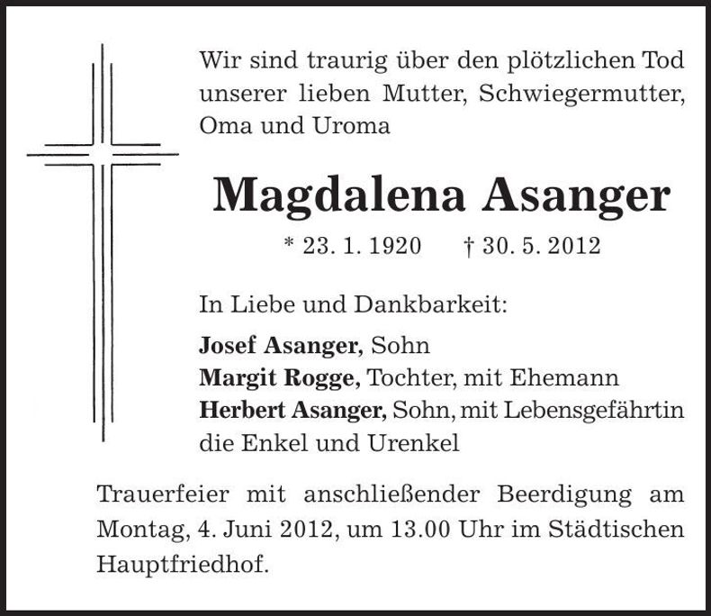 Traueranzeige Magdalena Asanger