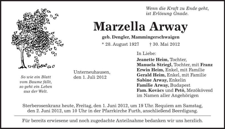 Traueranzeige Marzella Arway