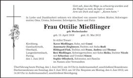 Traueranzeige Ottilie Miesslinger