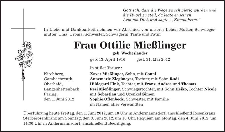 Traueranzeige Ottilie Miesslinger