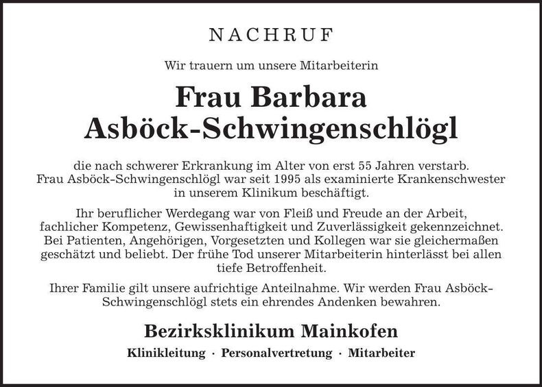 Traueranzeige Barbara Asböck-Schwingenschlögl