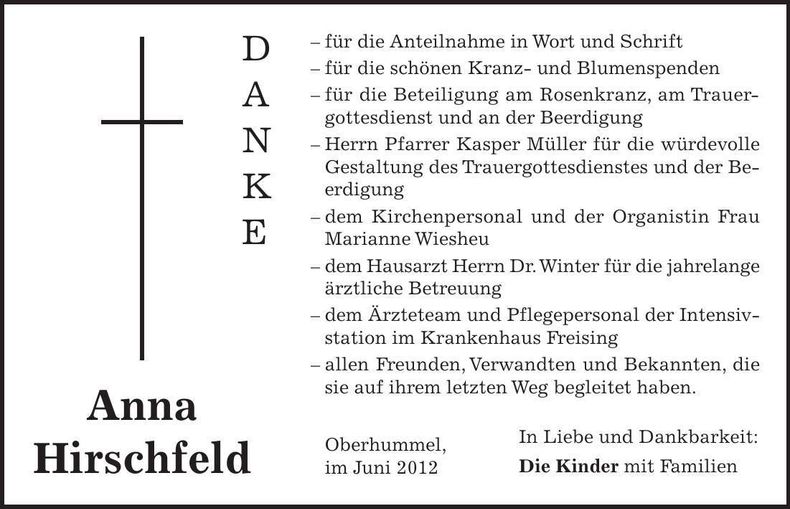 Traueranzeige Anna Hirschfeld