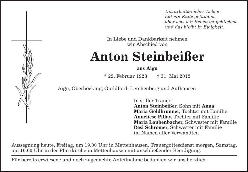 Traueranzeige Anton Steinbeißer
