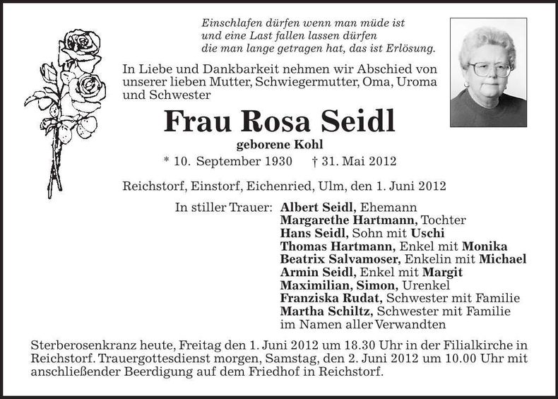 Traueranzeige Rosa Seidl