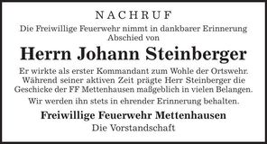 Traueranzeige Johann Steinberger