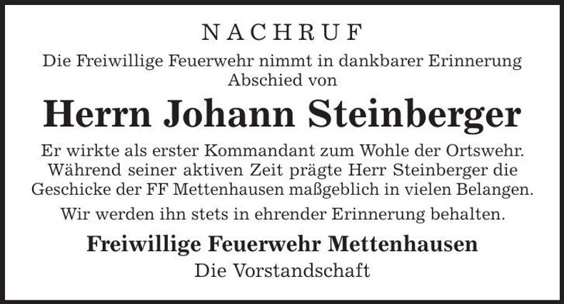 Traueranzeige Johann Steinberger